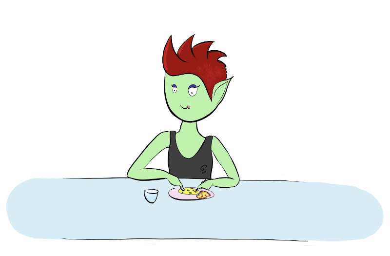 HotPanda comic : Petit Lutin is eating an omelette and fried diced vegetables.